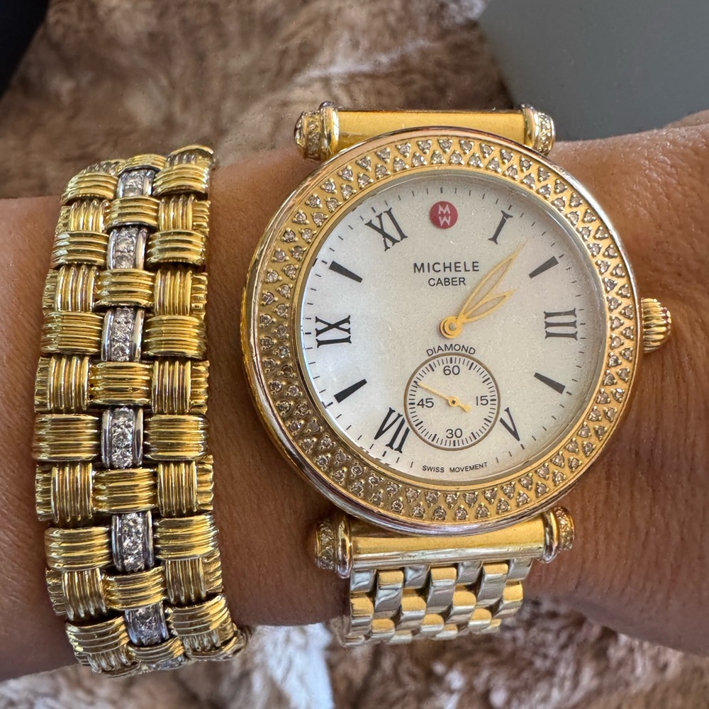 Michele Caber Gold Tone Diamond Bezel MOP Dial 37mm Quartz Womens Watch - Picture 5 of 11